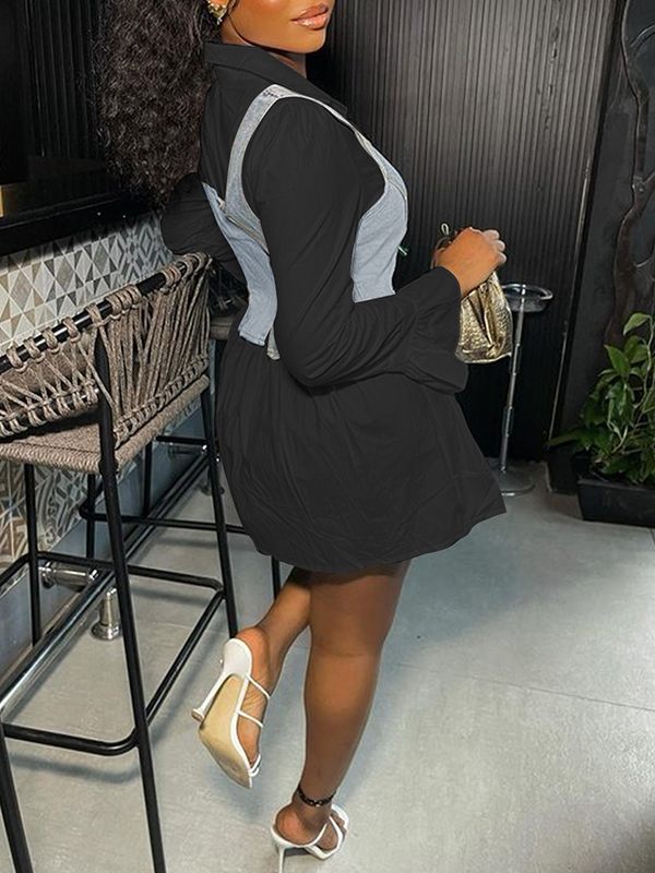 Goosudu Bell-Sleeve Shirt Dress with Denim Vest