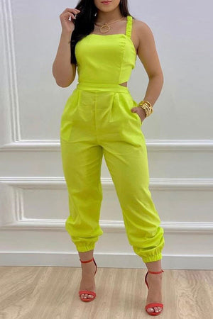 Goosudu Casual Solid Color Hollow Cargo Jumpsuit