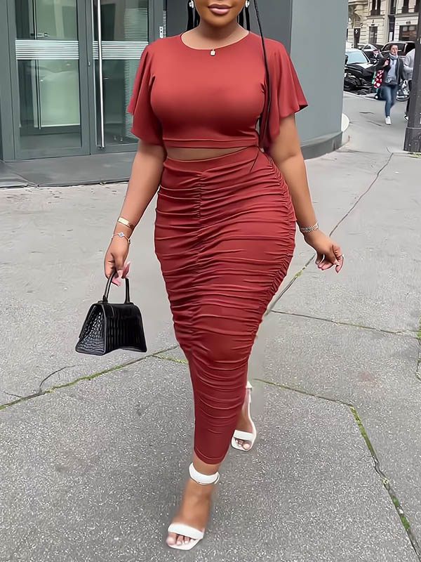 Goosudu Ruffle-Sleeve Top & Ruched Skirt Set