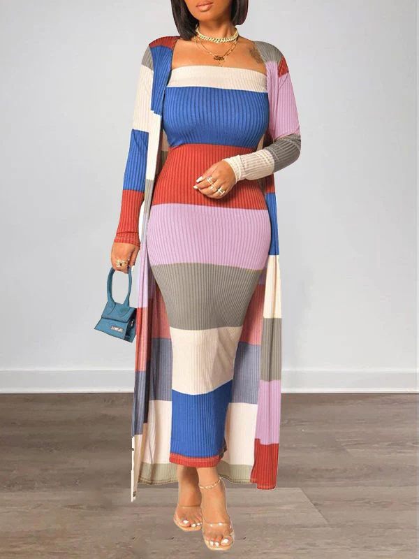 Goosudu Colorblock Ribbed Dress & Cardigan Set
