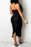 Goosudu Sexy Solid Sequins Split Joint Backless Fold Spaghetti Strap One Step Skirt Dresses