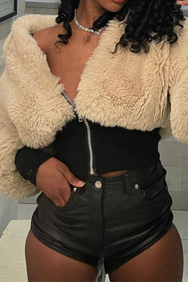 Goosudu Patchwork Fluffy Zipper Fuzzy Jacket