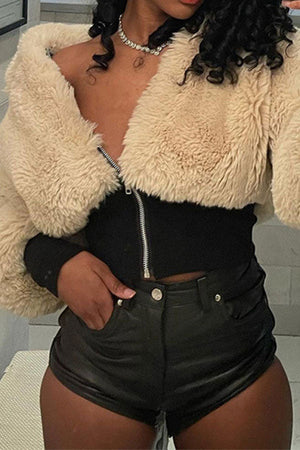 Goosudu Patchwork Fluffy Zipper Fuzzy Jacket