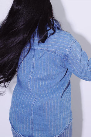 Goosudu Solid Color Rhinestone Glistening Denim Shirt
