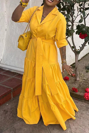 Goosudu Casual Solid Bandage Patchwork Buckle Turndown Collar A Line Plus Size Dresses