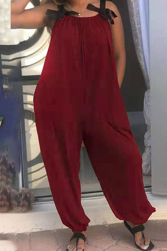 Goosudu Casual Solid Patchwork Spaghetti Strap Loose Jumpsuits