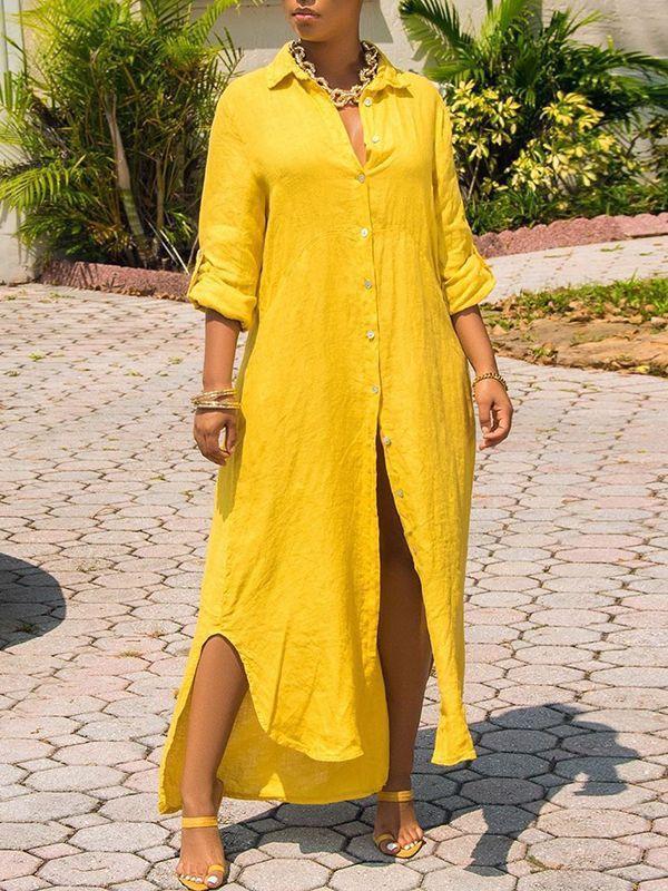 Goosudu Button-Down Side-Slit Shirt Dress