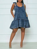 Goosudu Tied Ruffle Denim Dress