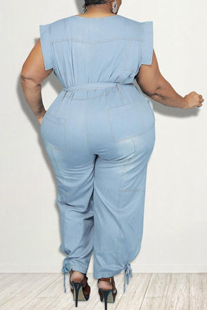 Goosudu Plus Size Washed Denim Cap Sleeve Pocket Belt Jumpsuit