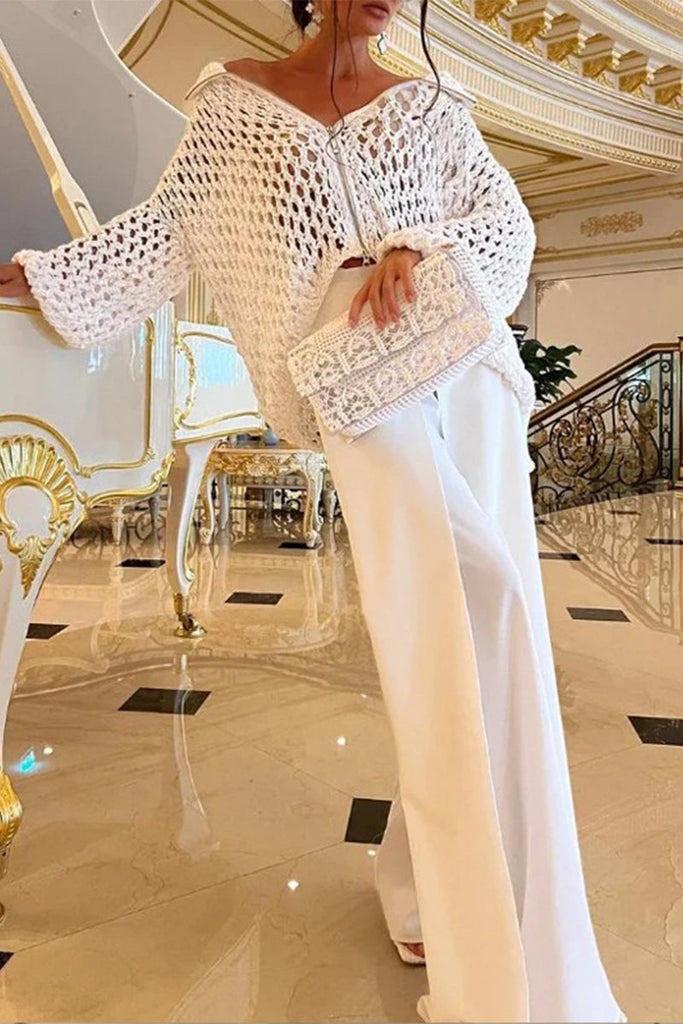 Goosudu Celebrities Elegant Solid Hollowed Out Turndown Collar Long Sleeve Two Pieces