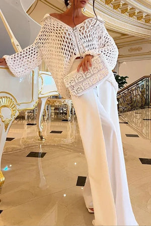 Goosudu Celebrities Elegant Solid Hollowed Out Turndown Collar Long Sleeve Two Pieces