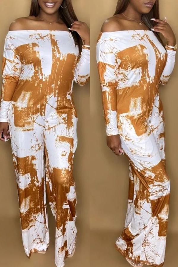 Goosudu Fashion Casual Print Basic Off the Shoulder Regular Jumpsuit