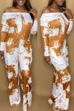 Goosudu Fashion Casual Print Basic Off the Shoulder Regular Jumpsuit