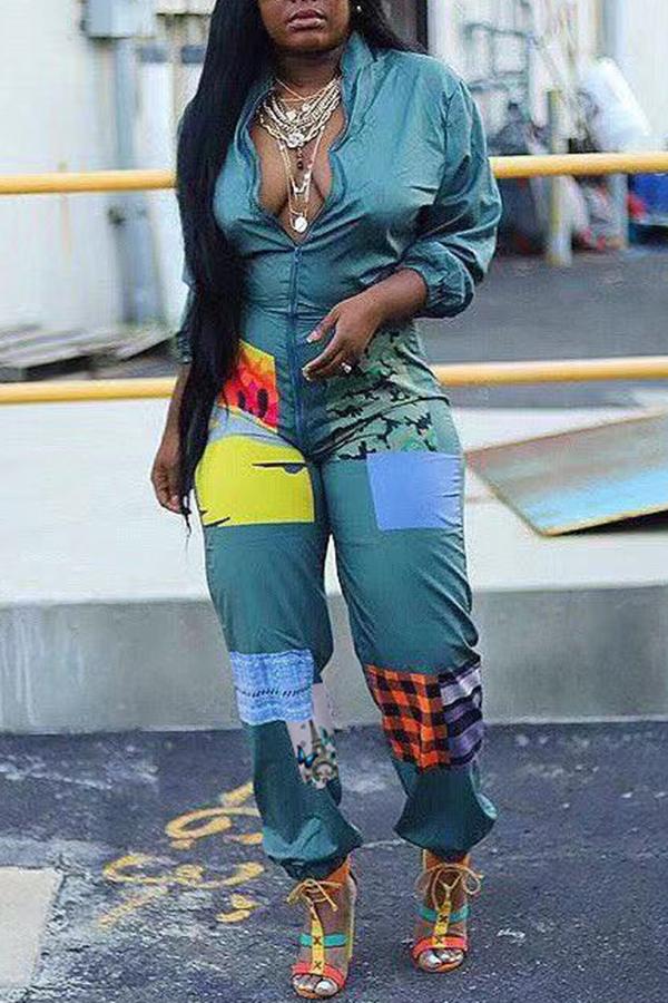 Goosudu Fashion Patchwork Zipper Plus Size Jumpsuit