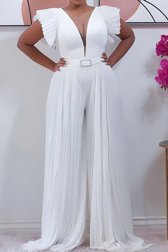 Goosudu Elegant Solid Patchwork Fold V Neck Loose Jumpsuits