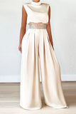 Goosudu Fashion Wide Leg Pants Solid Color Turtleneck Sleeveless Waist Jumpsuit