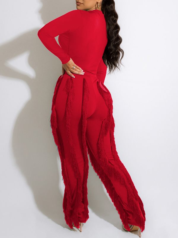 Goosudu Solid Bodysuit & Fringe Pants Set