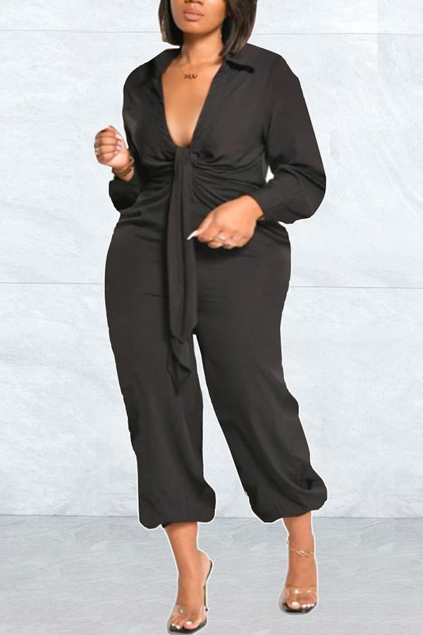 Goosudu Plus Size Pure Color Fashion Knotted Waist Casual Shirt Jumpsuit
