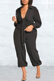 Goosudu Plus Size Pure Color Fashion Knotted Waist Casual Shirt Jumpsuit