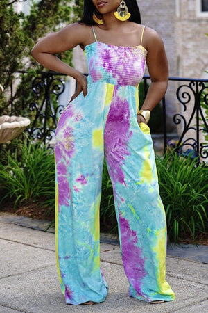 Goosudu Casual Tie Dye Pleated Suspender Jumpsuit