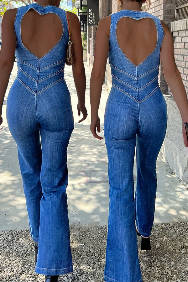 Goosudu Sexy Sleeveless Round Neck Zip Slim Backless Denim Jumpsuits