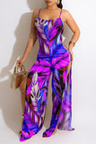 Goosudu Tropical Spaghetti Straps Slit Leg Jumpsuit