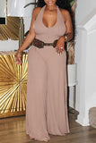 Goosudu Sweet Halter Backless Wide Leg Plain Plus Size Jumpsuit
