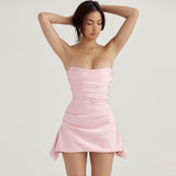 Goosudu Glamorous Satin Asymmetrical Ruched Strapless Corset Party Mini Dress - Pink