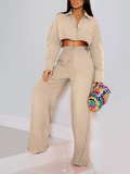 Goosudu Solid Cropped Shirt & Wide-Leg Pants Set