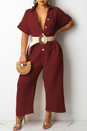Goosudu Cotton Blend Shirt Collar Single-breasted Pocket Jumpsuit