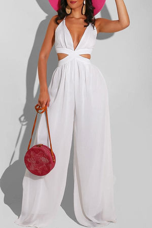 Goosudu Pure Color Casual Loose Hollow Chiffon Jumpsuit