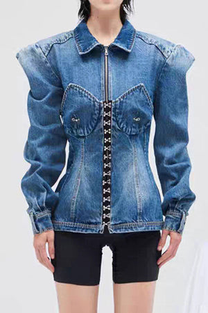 Goosudu Patchwork Gothic Hook And Eye Detail Denim Coat