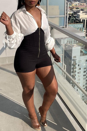 Goosudu Fashion Plus Size Shirt Stitching Zipper Long Sleeved Rompers