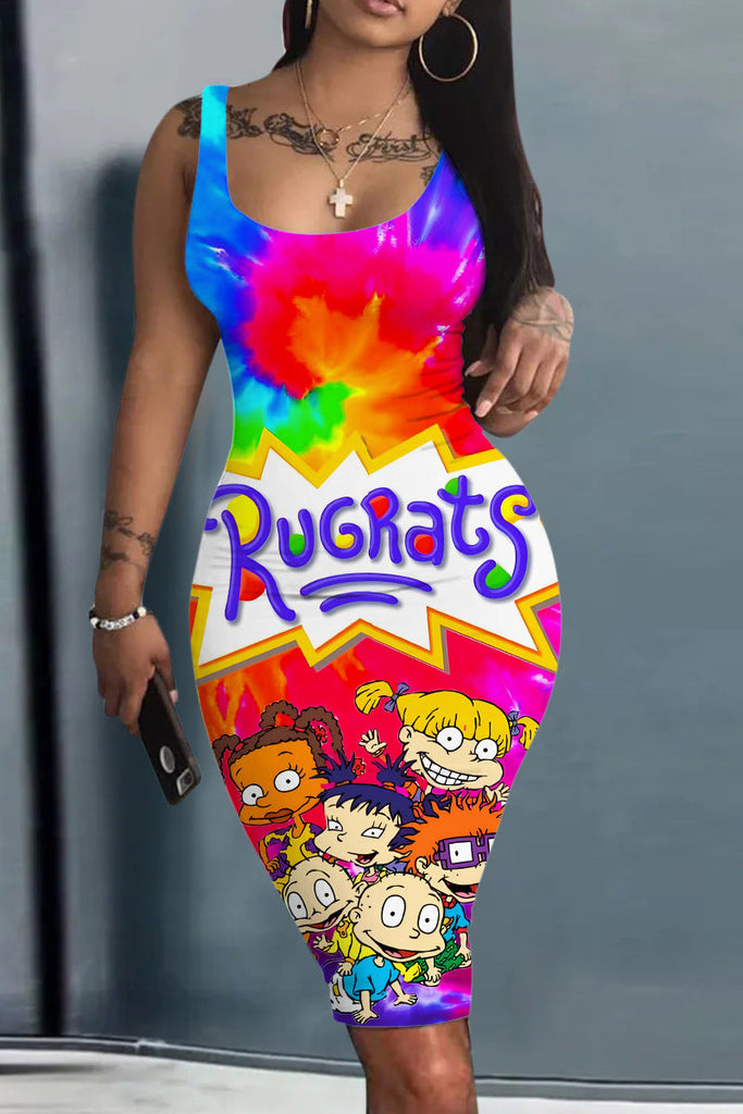 Goosudu Casual Cartoon Print Basic U Neck Vest Dress Dresses