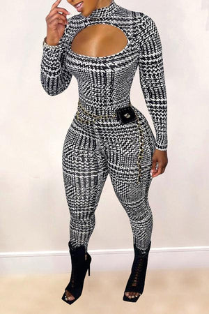 Goosudu Sexy Houndstooth Cutout Long Sleeve Jumpsuit