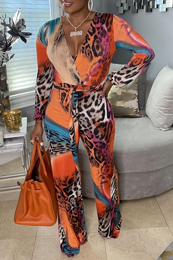 Goosudu Pretty Leopard V-neck Tie Waist Jumpsuit