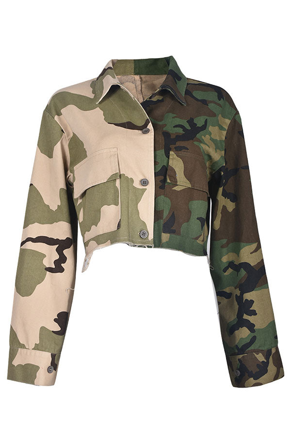 Goosudu Hit Color Camouflage Feminine Patch Pocket Coat