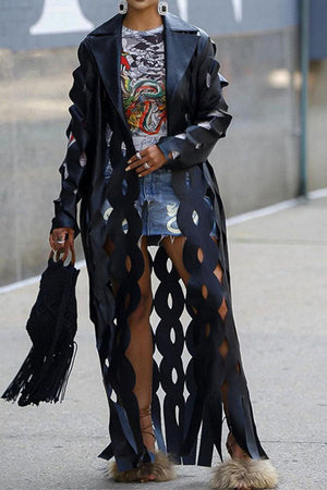 Goosudu Solid Color Unique Hollow-Out Tassel PU Trench Coat