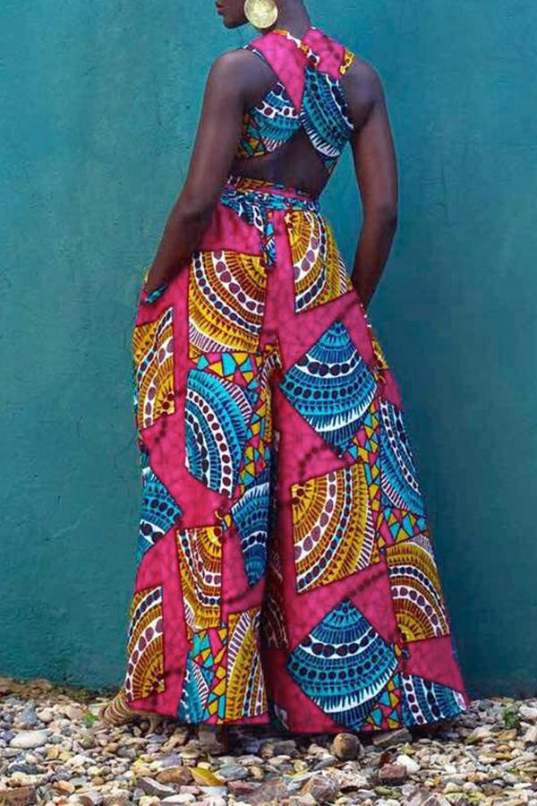 Goosudu Fashionable Geometric Print Multi-wear Loose Wide-leg Jumpsuit