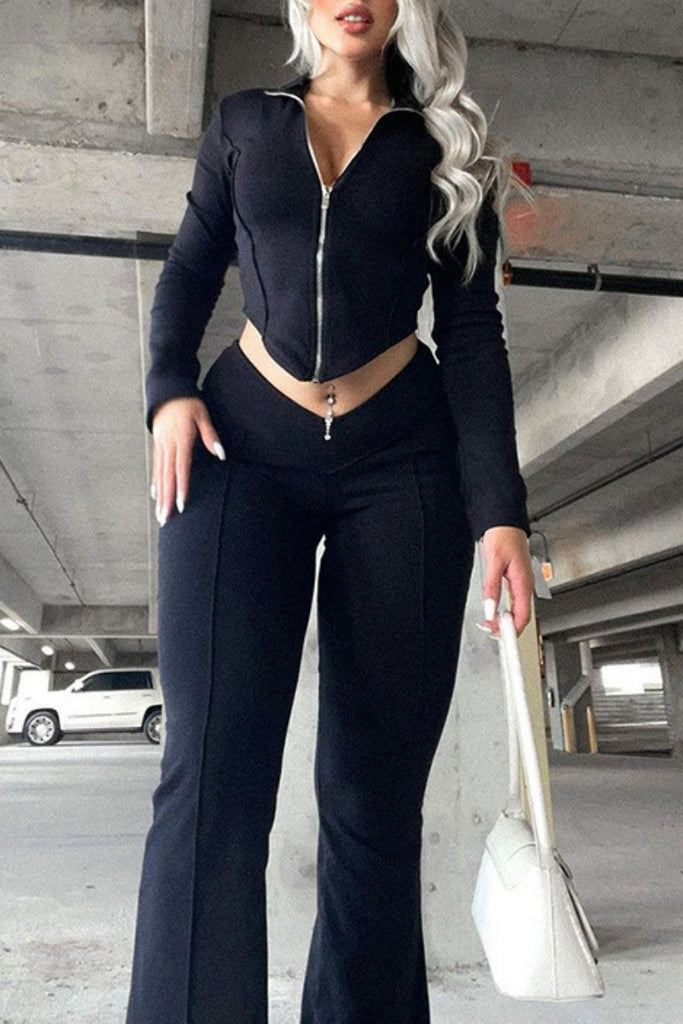 Goosudu Casual Solid Asymmetrical Zipper Collar Long Sleeve Two Pieces