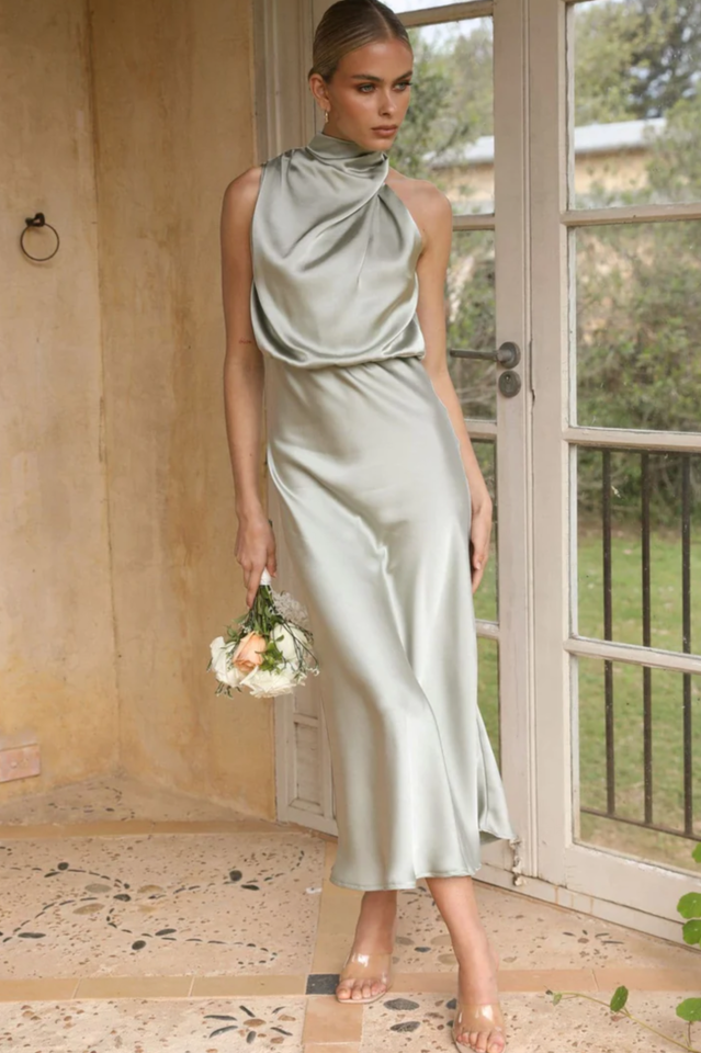 Goosudu Halter Sleeveless Satin Bridesmaid Dress