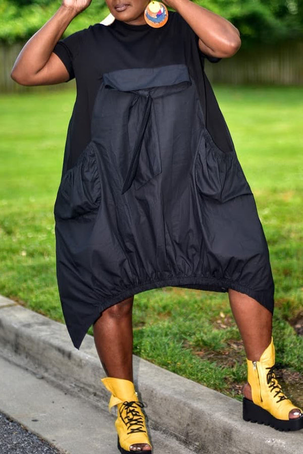 Goosudu Fashion Loose Pocket Splicing Asymmetrical Hem Dress