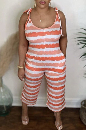 Goosudu Fashion Printed Stripe Double Shoulder Lace Jumpsuit