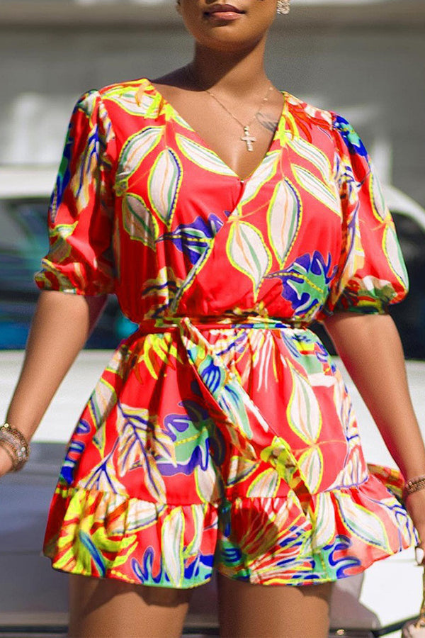 Goosudu Vacation Botanical Print Ruffle Jumpsuit