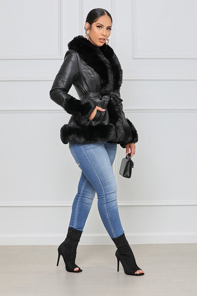 Goosudu Faux Fur Leather Jacket with Cord Long Outerwear