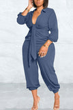 Goosudu Plus Size Pure Color Fashion Knotted Waist Casual Shirt Jumpsuit