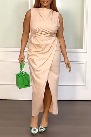 Goosudu Casual Daily Elegant Plain Backless Fold O Neck Sleeveless Dress Dresses