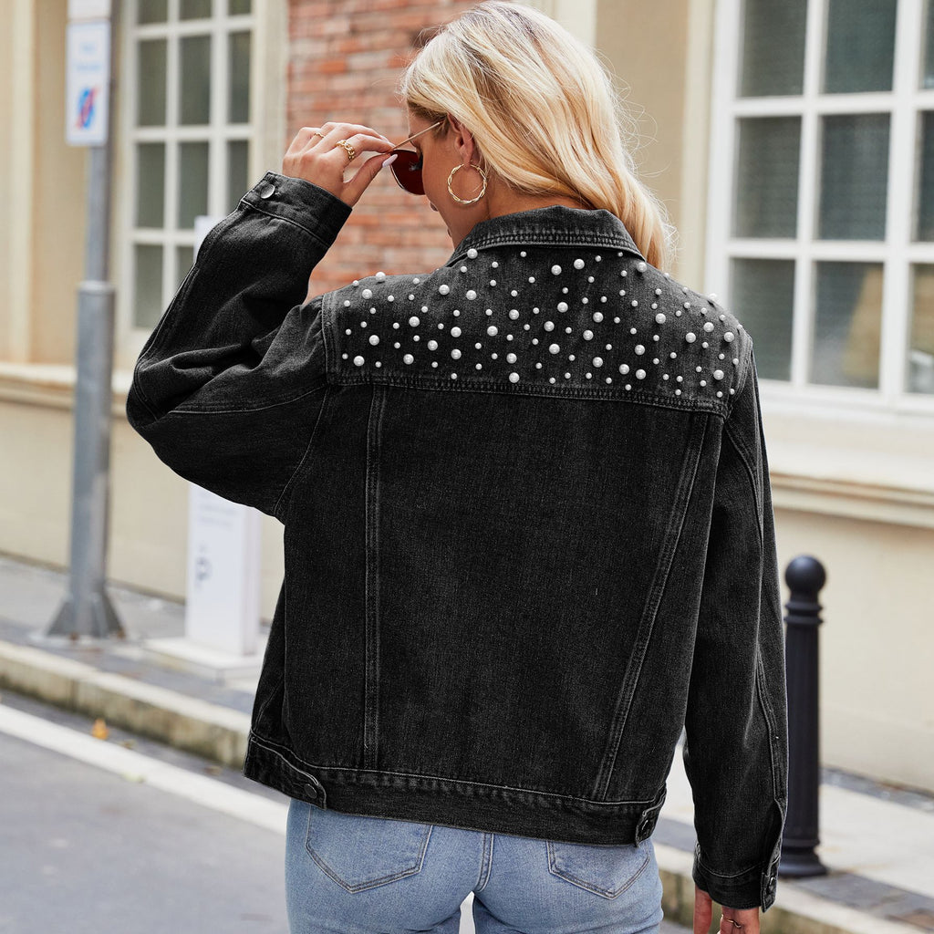 Goosudu Women's Blue Denim Jacket Coat with Pearl