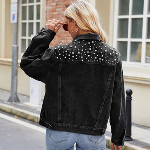 Goosudu Women's Blue Denim Jacket Coat with Pearl