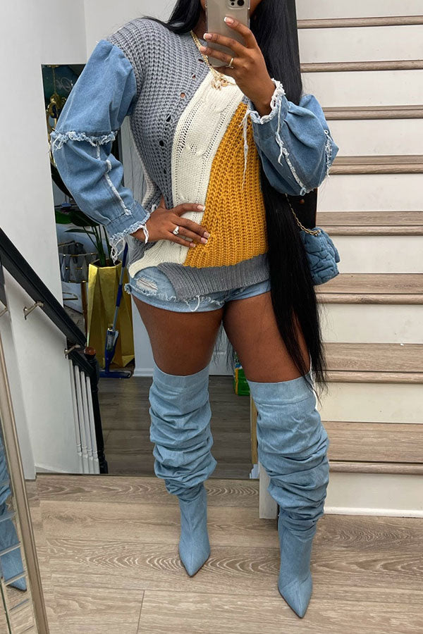 Goosudu Denim Patchwork Unique Hit Color Sweater